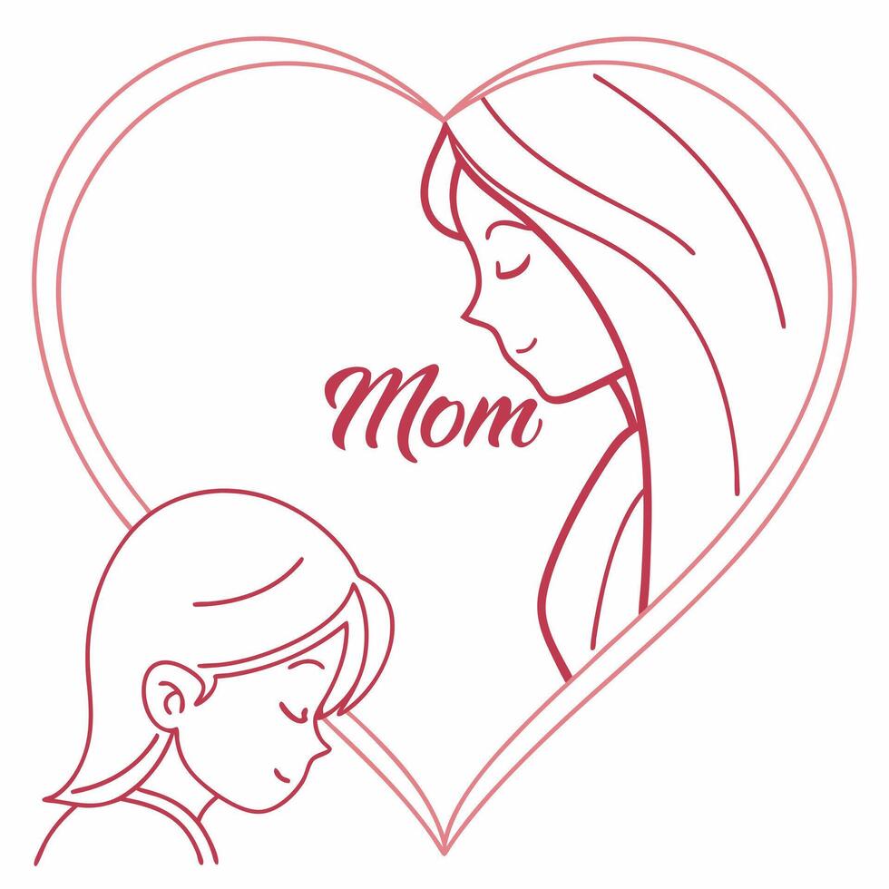 Heart-shaped outline formed by a mother and daughter, symbolizing unity, love, and maternal connection. vector
