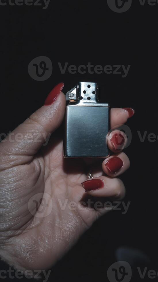 Hand holding a silver lighter with red nail polish in a dimly lit space during nighttime photo
