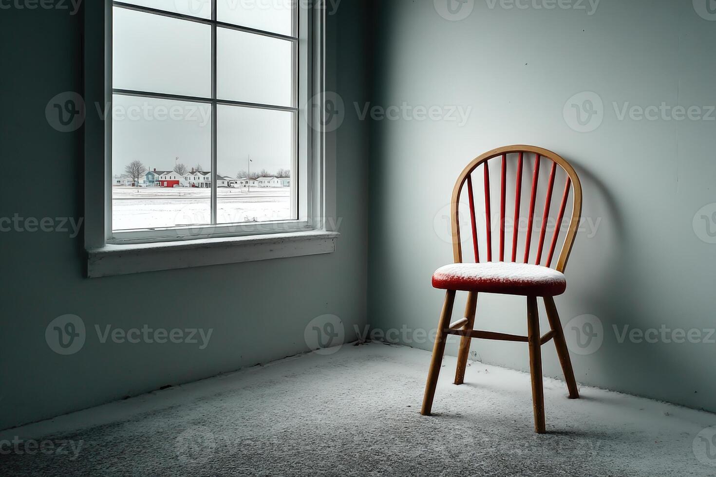 Empty chair by the window in a snowy room during winter brings a sense of solitude photo