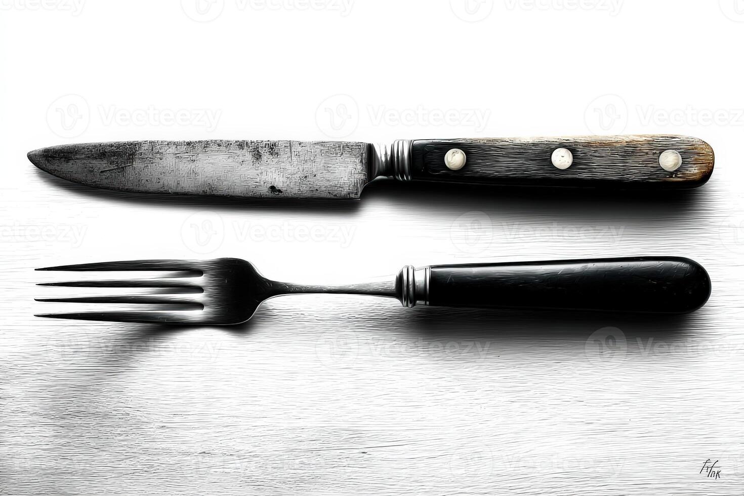 Rustic kitchen utensils with a wooden handle on a light surface photographed from above photo