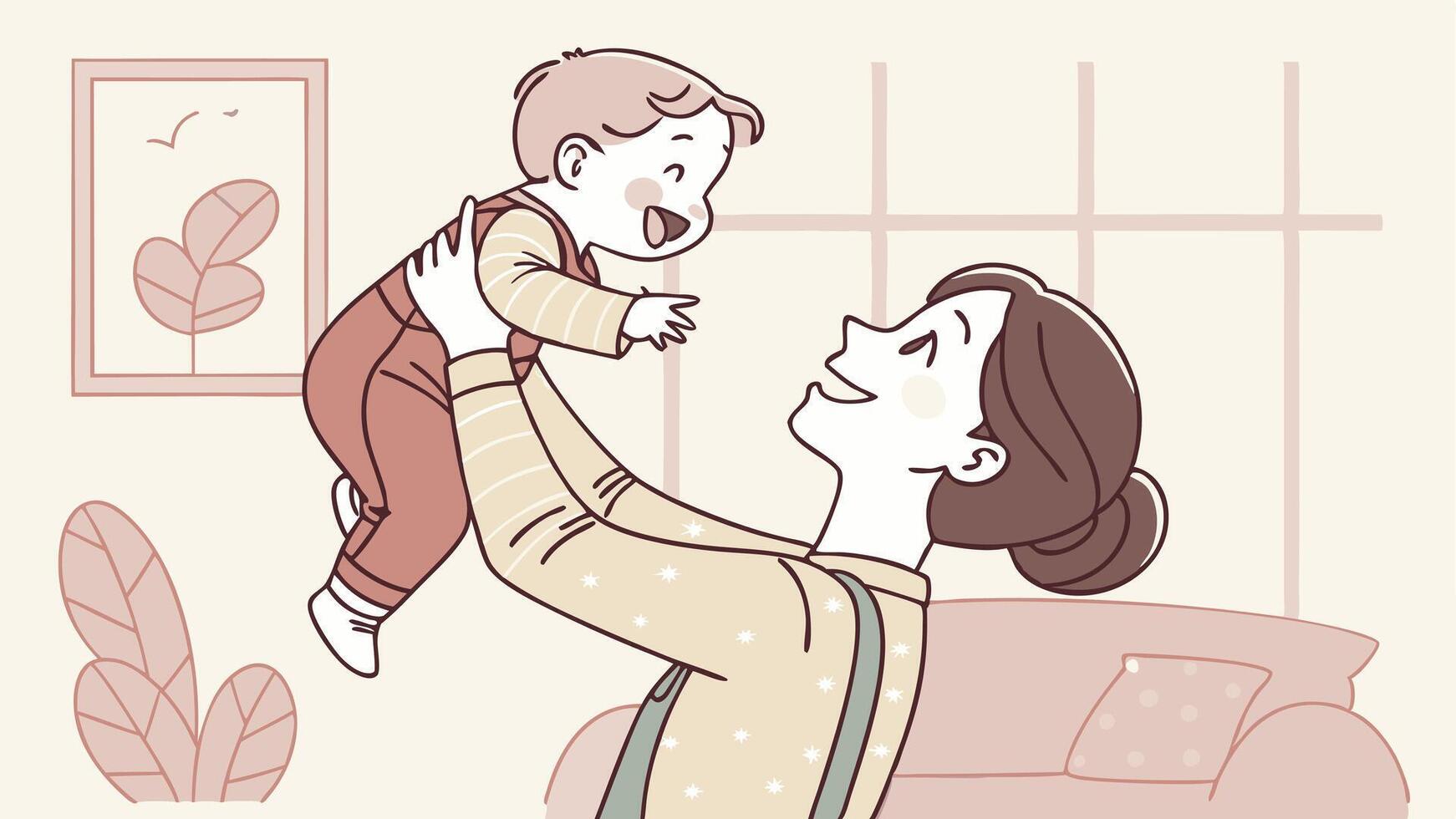 a woman holding a baby up in the air vector