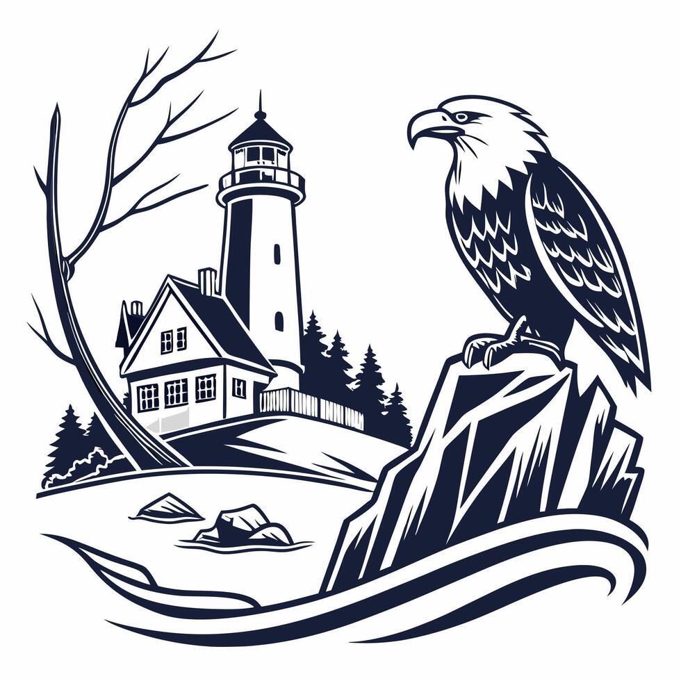 an eagle and lighthouse on a rock in front of a forest vector