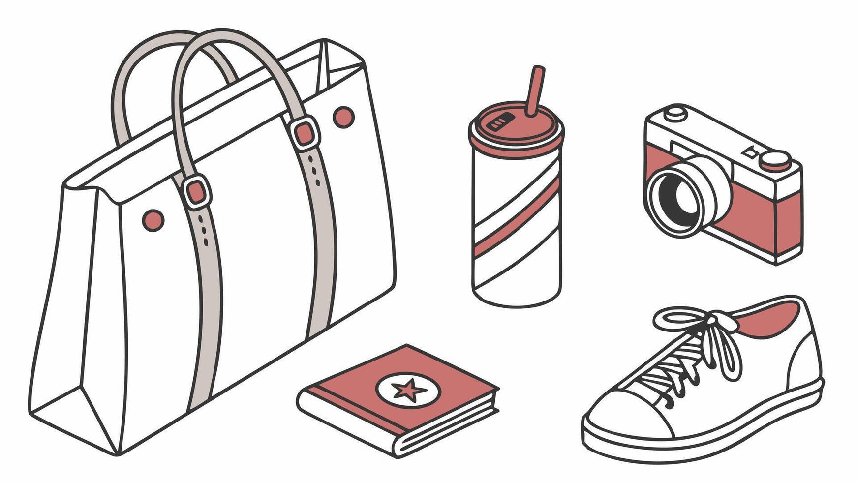 a bag, shoes, camera, and other items are shown vector