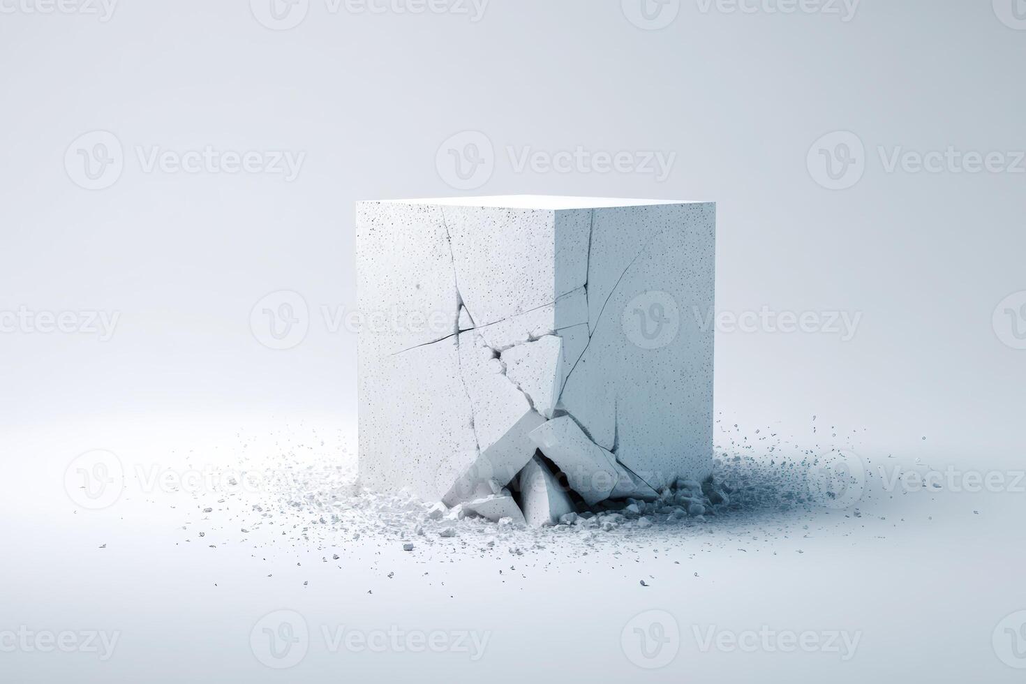 Concrete block breaking apart in a minimalist setting with scattered debris around photo