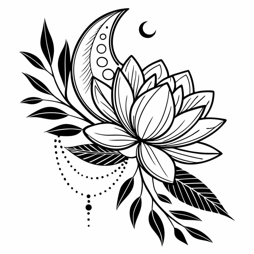 a black and white drawing of a lotus flower with a moon vector