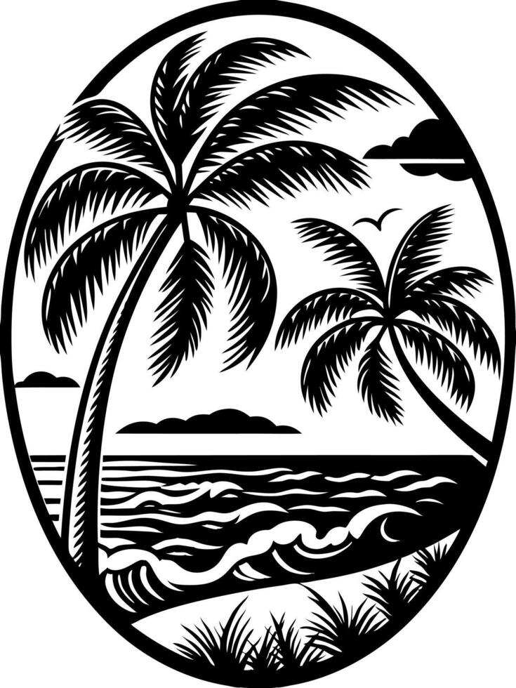 a black and white image of a palm tree and the ocean vector