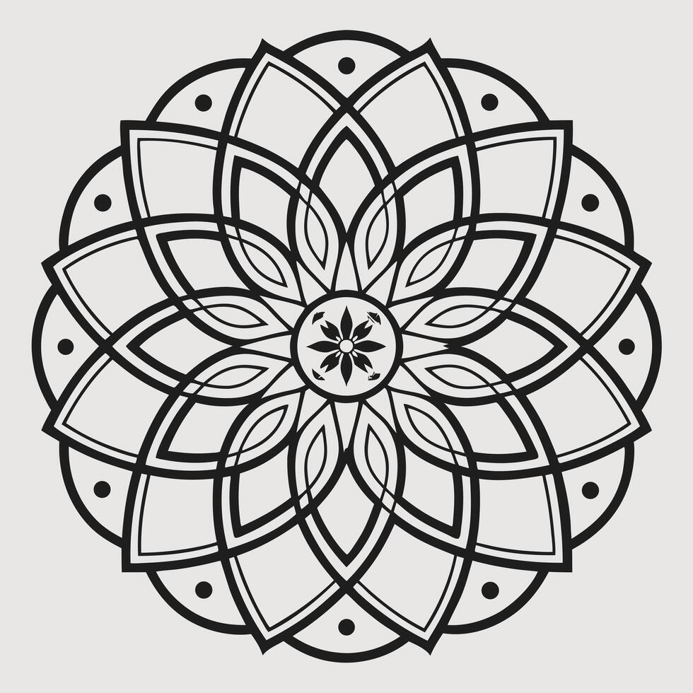 Mandala petals expand with crisp monochrome floral geometry. vector