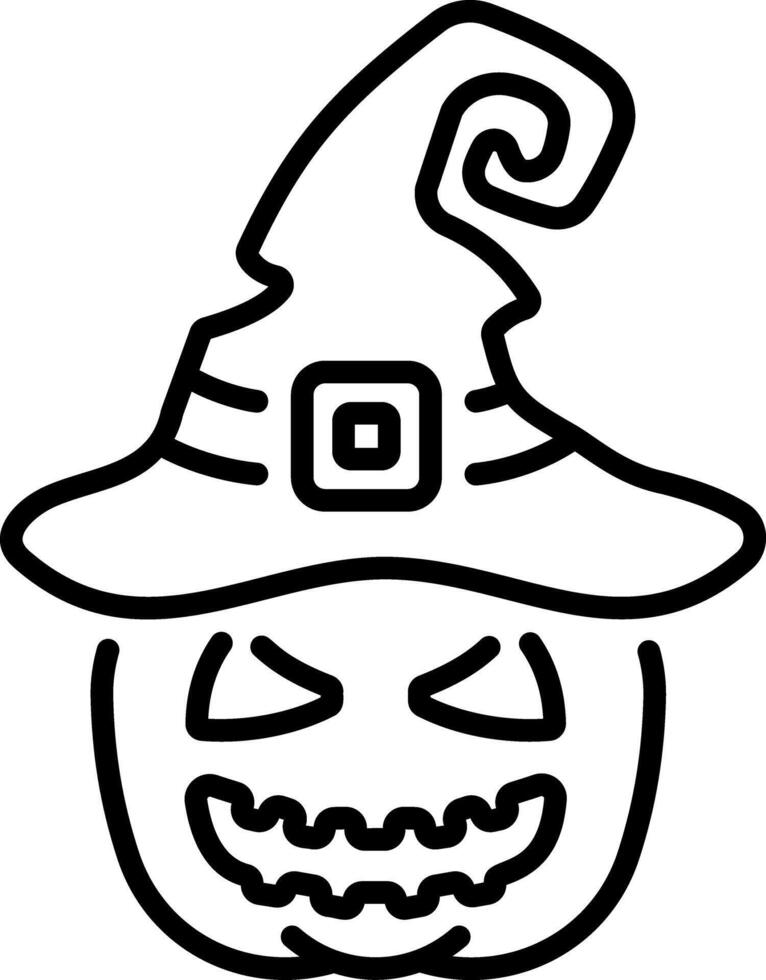 A spooky pumpkin wearing a witch hat, line icon vector