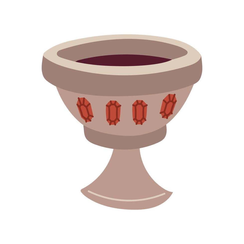 a medieval goblet with crystals. Flat color isolated illustration. Purple antique goblet, highlighted on a white background. A cup with a drink inside. A glass with a red drink vector