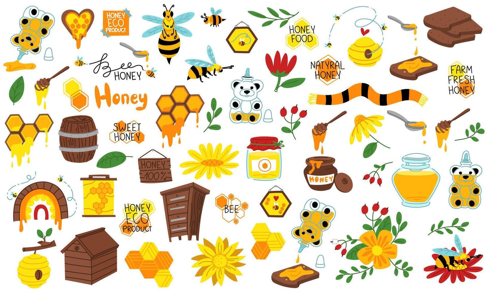 A set of flat flowers for honey and beekeeping. Jars, honey, honeycombs, a beehive. Funny little bee. Flowers, sunflower. Fresh products from an organic eco-farm and flower arrangements. Color shades vector