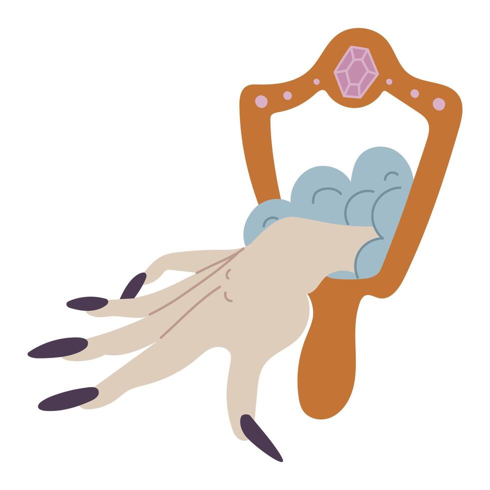 witch's hand comes out of the mirror. Flat color illustration. magic of portal. Suitable for horror films, fantasy and detective projects. Halloween. design of books, games, materials related to magic vector