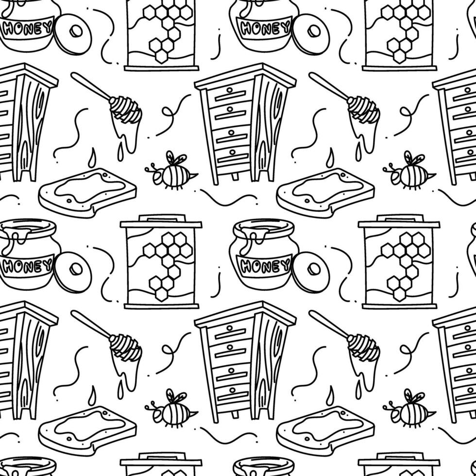 pattern of honey doodle elements. a beehive, framed honeycombs, a sandwich with honey, honeycombs with honey on a white background. Home-made honey production. wooden house for bees. Seamless texture vector