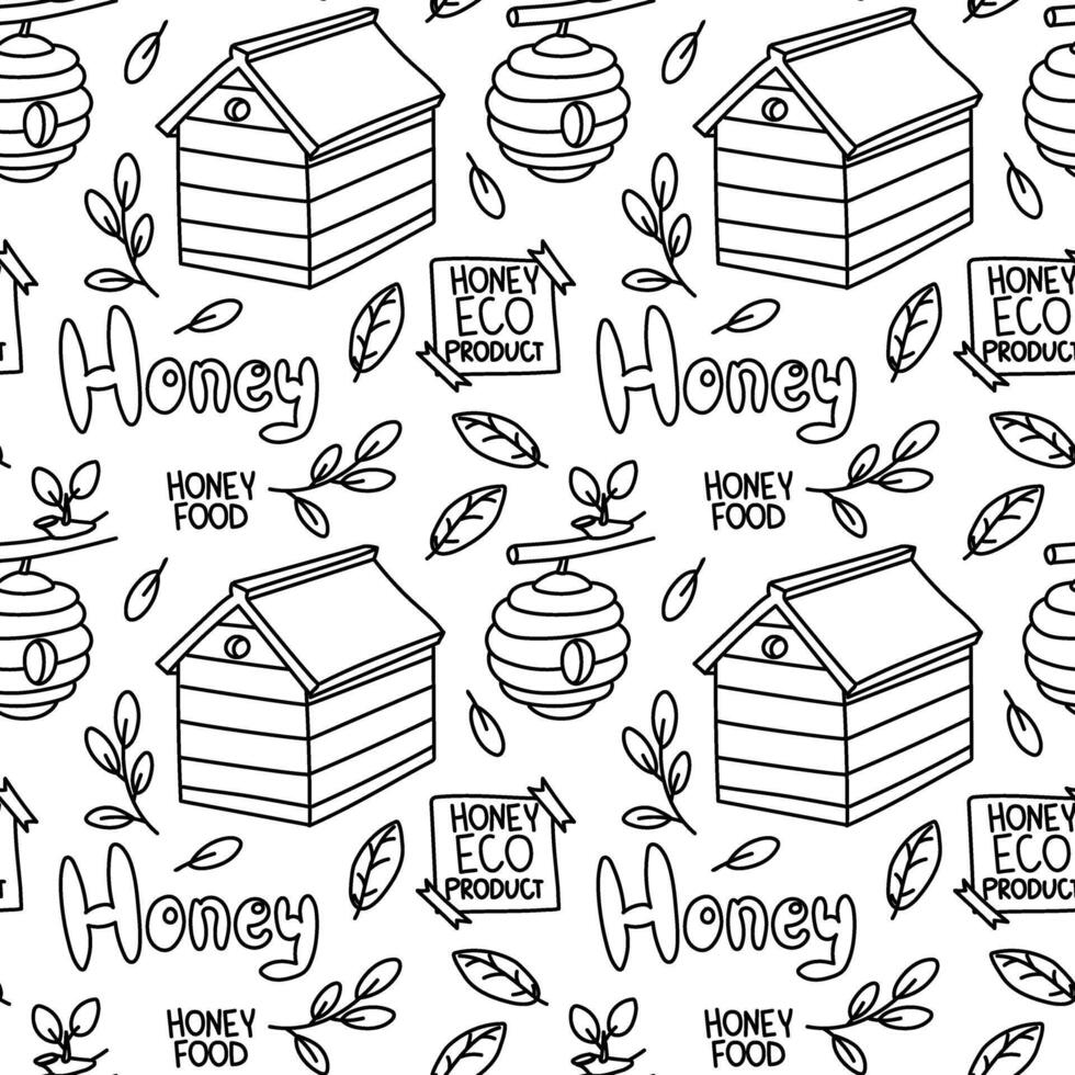 pattern of items related to honey production. a house with a roof, a beehive, a branch, a leaf on a white background. Home-made honey production. Seamless texture of tasting items vector