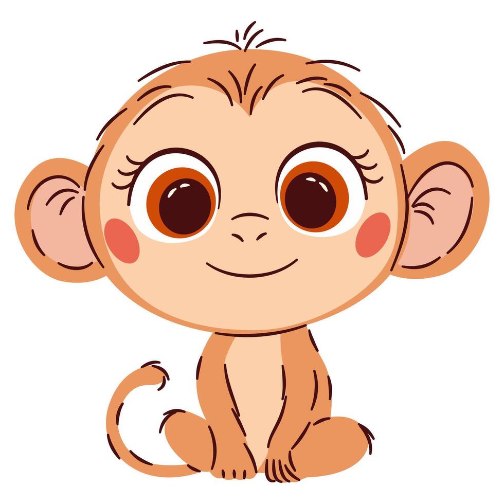 Cute illustration in a simple childish style. Cute baby monkey with big eyes on white background vector