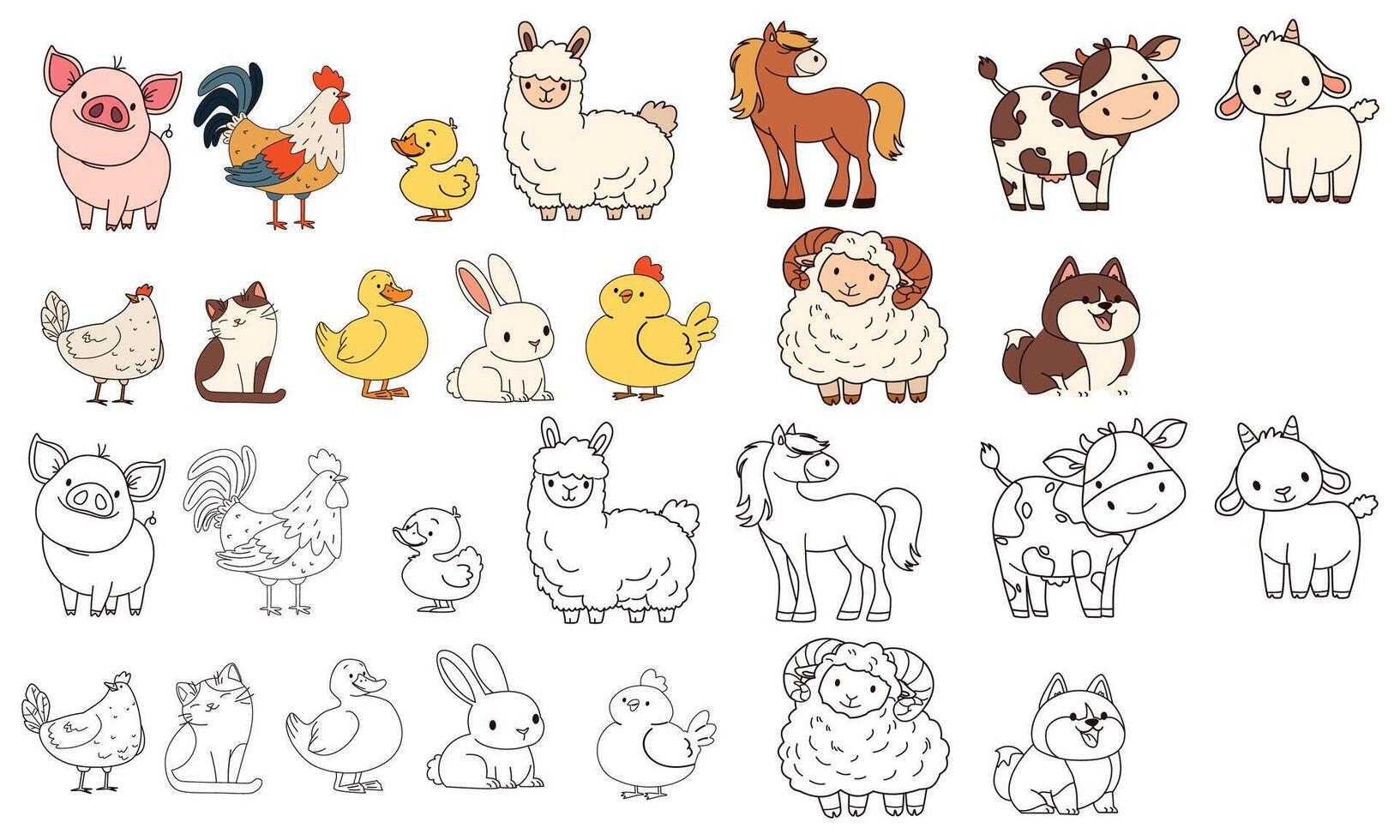 Set of flat illustration. Domestic farm animals. Cow pig lamb sheep sheep horse dog dog cat goose goose duck hen rooster goat. Color and black and white versions, coloring book vector