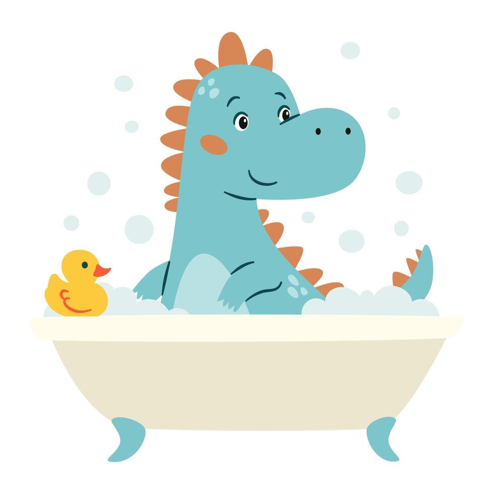 Flat illustration in a simple children's style. Cute dinosaur washing in the bathtub with rubber ducky vector