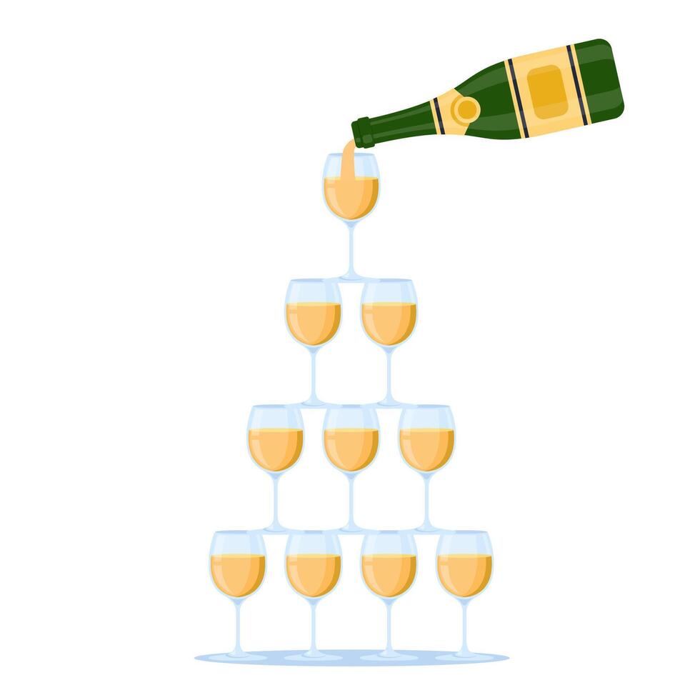 Cocktail glasses pyramid. Sparkling wine, champagne flute, cocktail tower. Postcard for web and print. Party invitation with glass tower line art illustration. vector