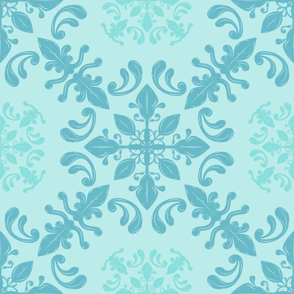 center of the pattern are large, symmetrical floral elements with pointed leaf-like structures arranged in a starburst formation. Luxury Detailed Seamless Aqua Blue Design for Wallpaper Textiles Lace vector
