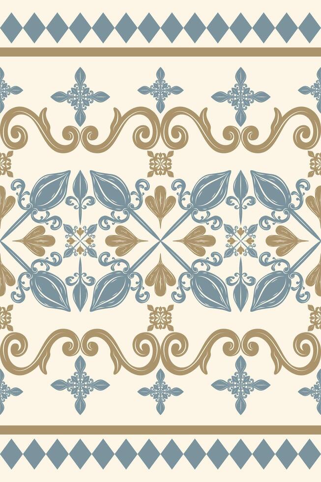 Rich Ikat Ethnic Scroll Ornament Stripe Border Pattern with Golden Royal Blue Filigree on Beige Background. Luxury Geometric Twist Curly Baroque Element Flourish Classy Elegance Design for Handicraft vector