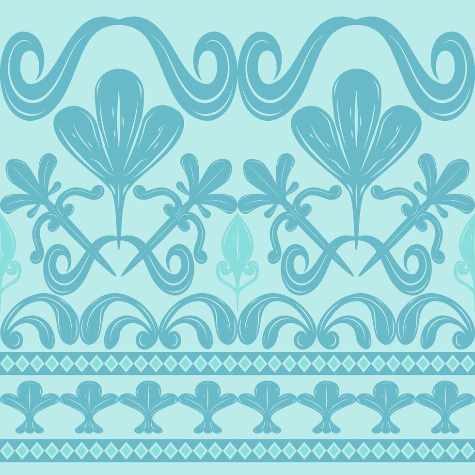 Reminiscent of Baroque Rococo styling with Aqua Blue Silk Weaves Scroll Ornament on Cyan Background Seamless Pattern Stripe. Luxury Exotic Element Design for Carpet Interior Border Wallpaper Textiles vector