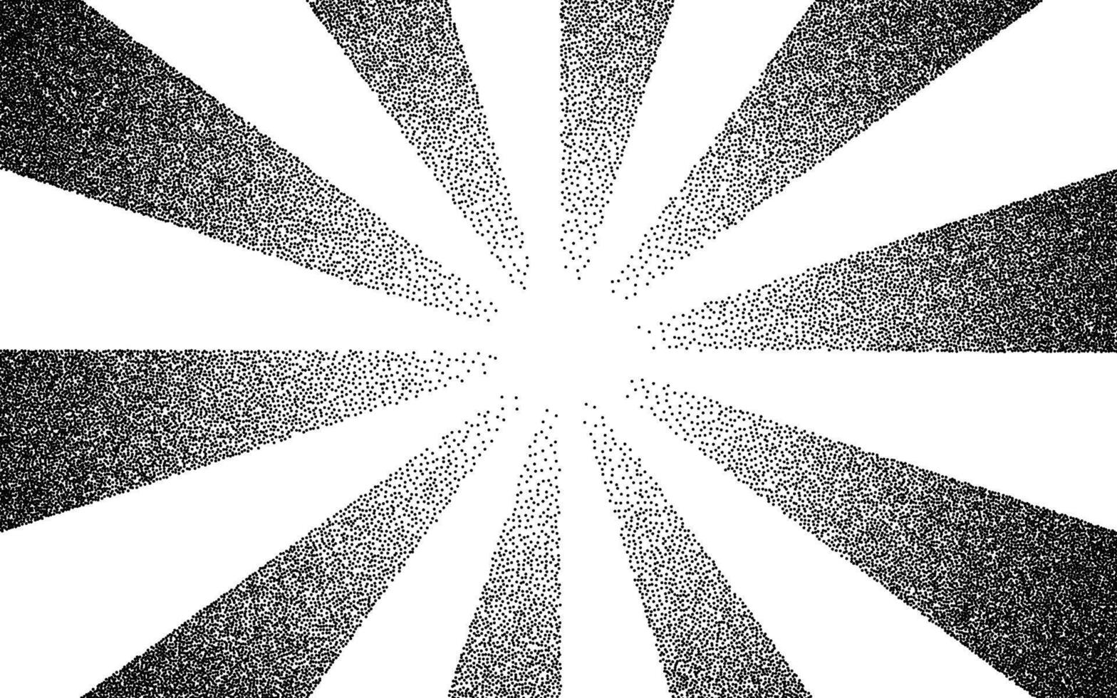 Abstract radial sunburst background made of black stippled rays. Vintage halftone texture with dotted shading, perfect for retro comic or pop art style designs. vector