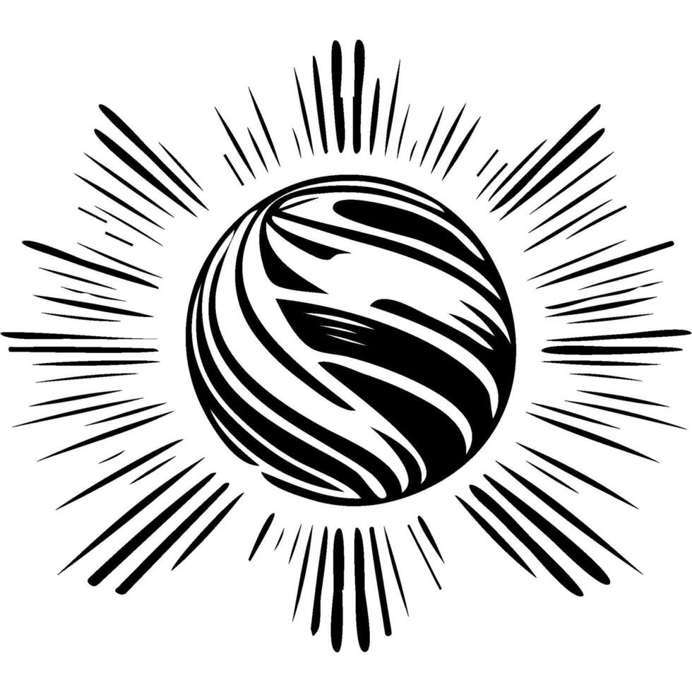 Sport emblem of flying soccer ball emitting beams of energy in monochrome. Engraving minimalistic image in black ink drawing on white background vector