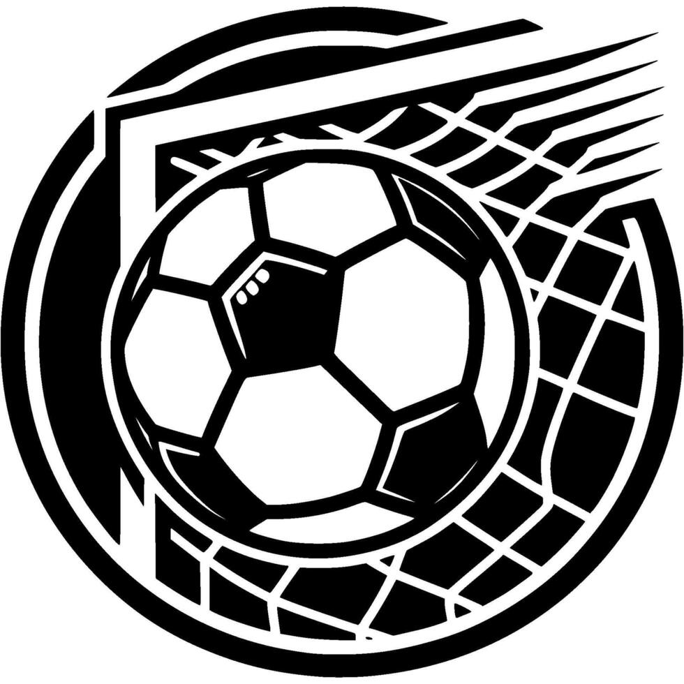 Tattoo emblem of soccer ball flies into corner of the football goal in monochrome. Engraving minimalistic image in black ink drawing on white background vector