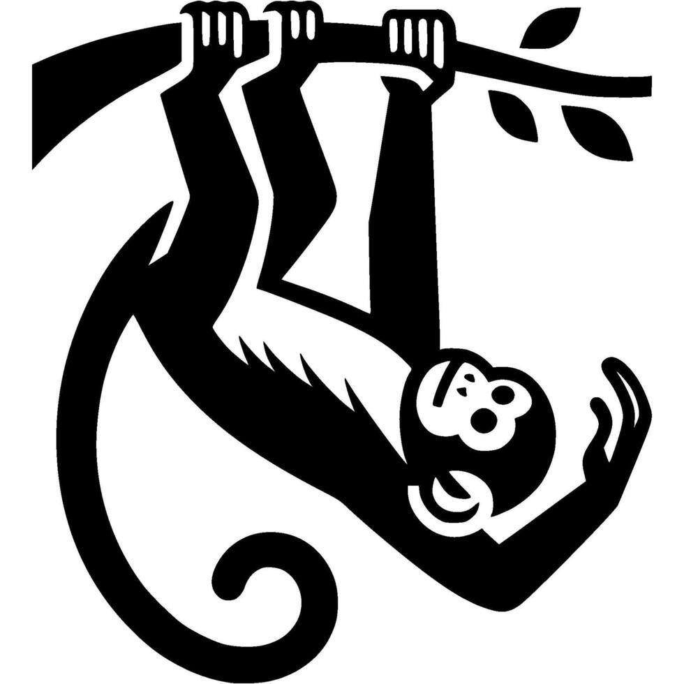 Tattoo of carefree monkey hanging on branch in monochrome. Monkey hanging upside down. Engraving minimalistic image in black ink drawing on white background vector