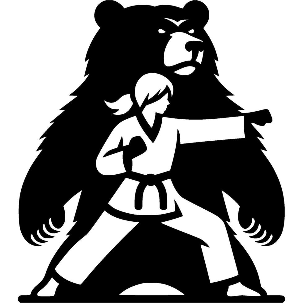 Sport emblem of Karate girl under protection of a bear in monochrome. Engraving minimalistic image in black ink drawing on white background vector