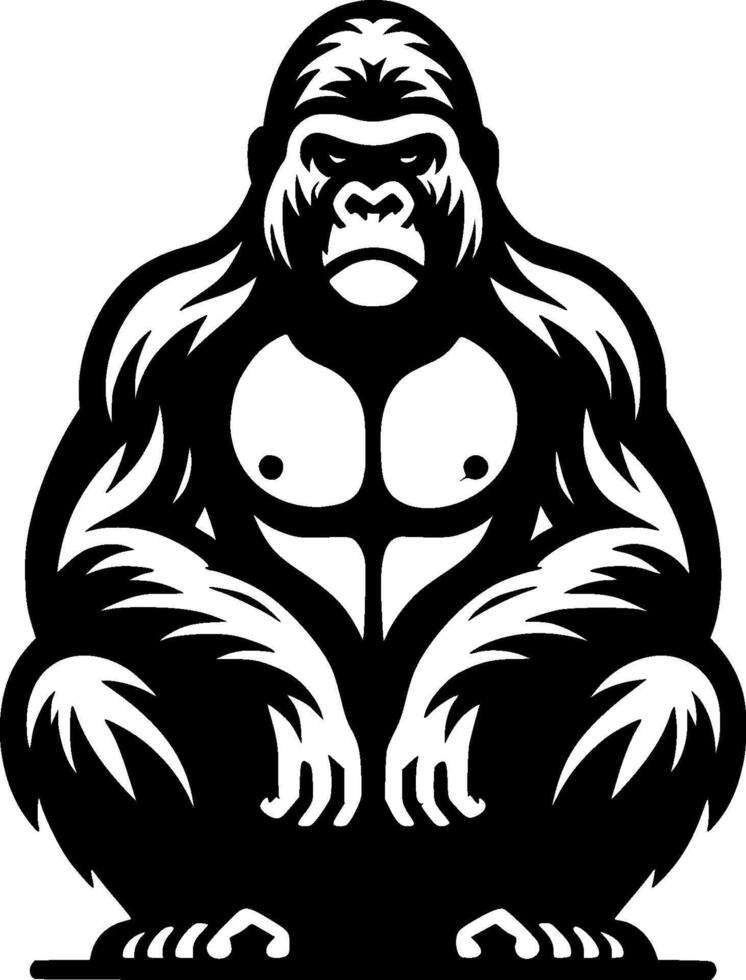 Tattoo of sullen gorilla sits and looks menacingly in monochrome. Monkey in threatening pose. Engraving minimalistic image in black ink drawing on white background vector