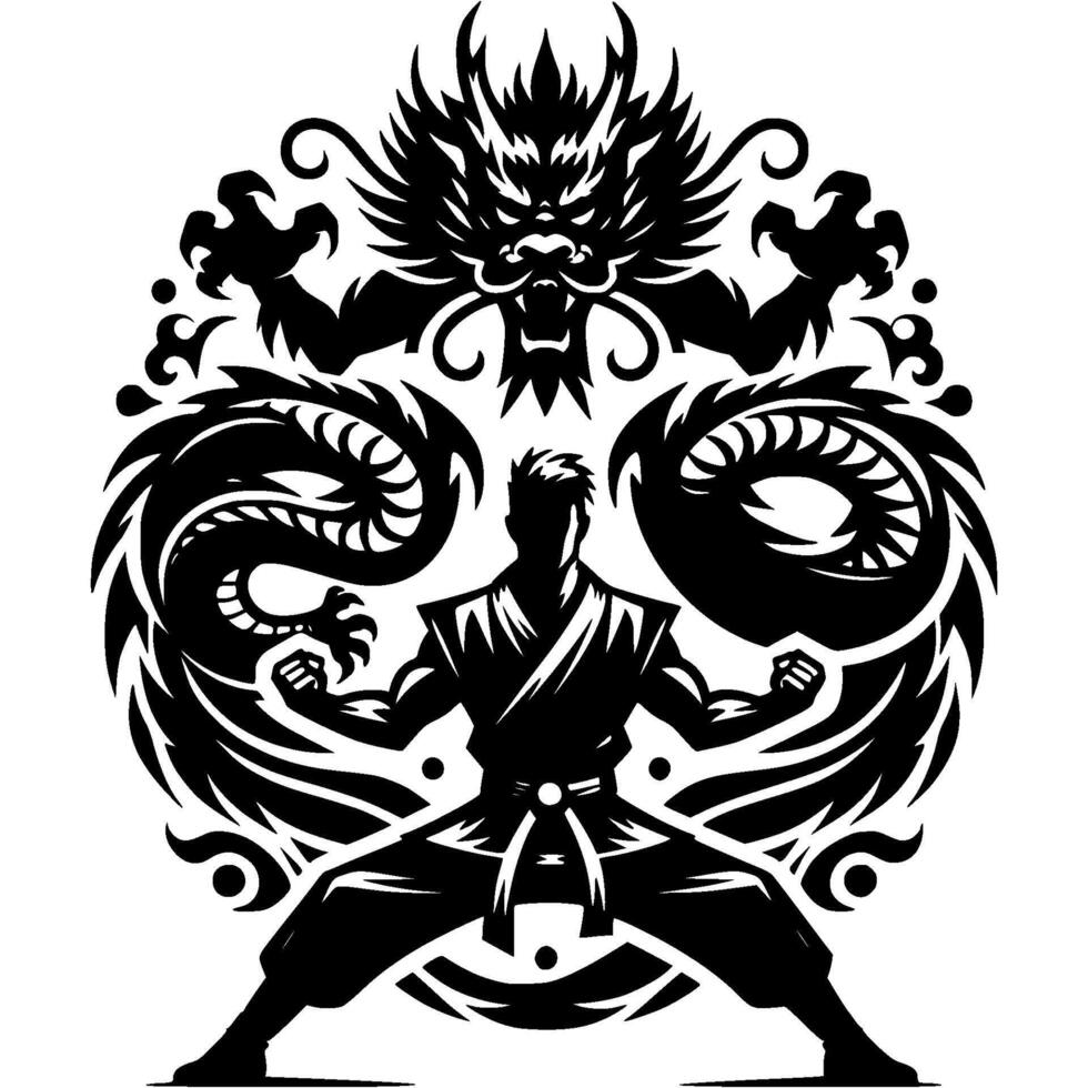 Sport emblem of kung fu master charged with dragon energy in monochrome. Engraving minimalistic image in black ink drawing on white background vector