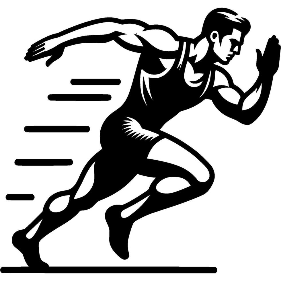 Sport emblem of male sprinter takes off powerfully at command of competition judge in monochrome. Engraving minimalistic image in black ink drawing on white background vector