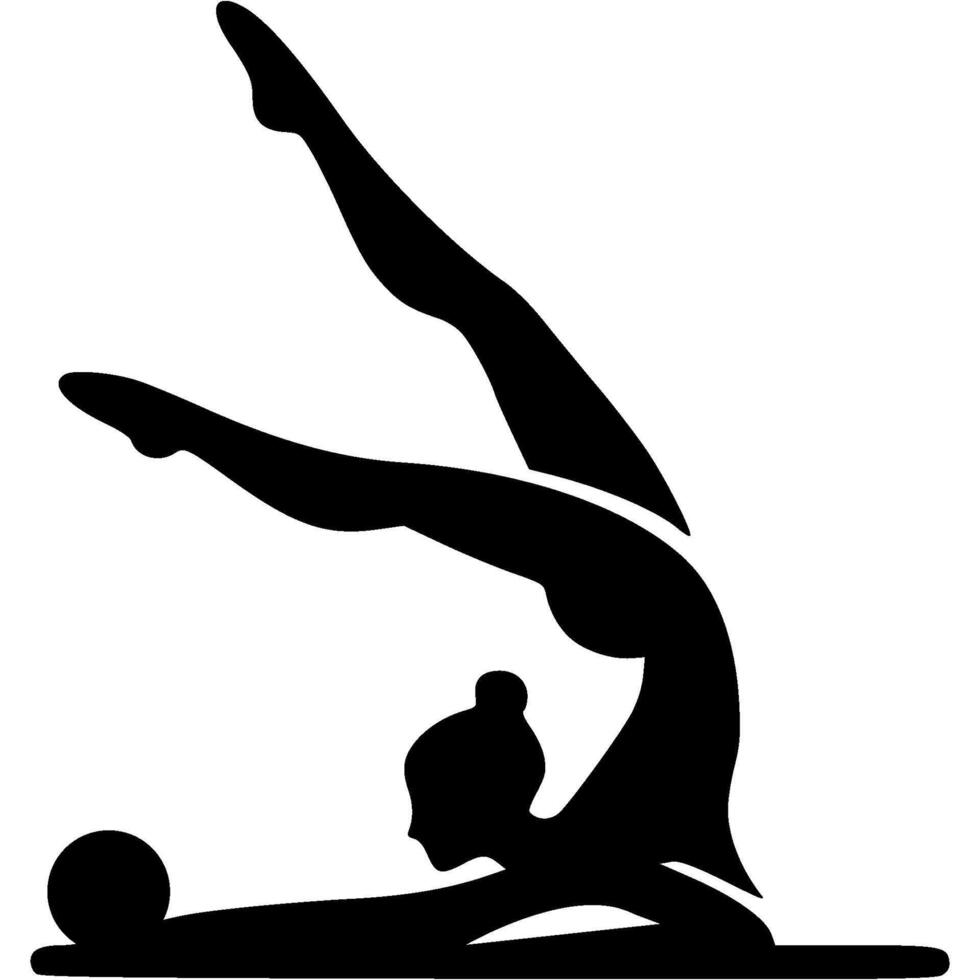 Sport emblem of gymnast man performs exercises with a gymnastic ball in monochrome. Engraving minimalistic image in black ink drawing on white background vector