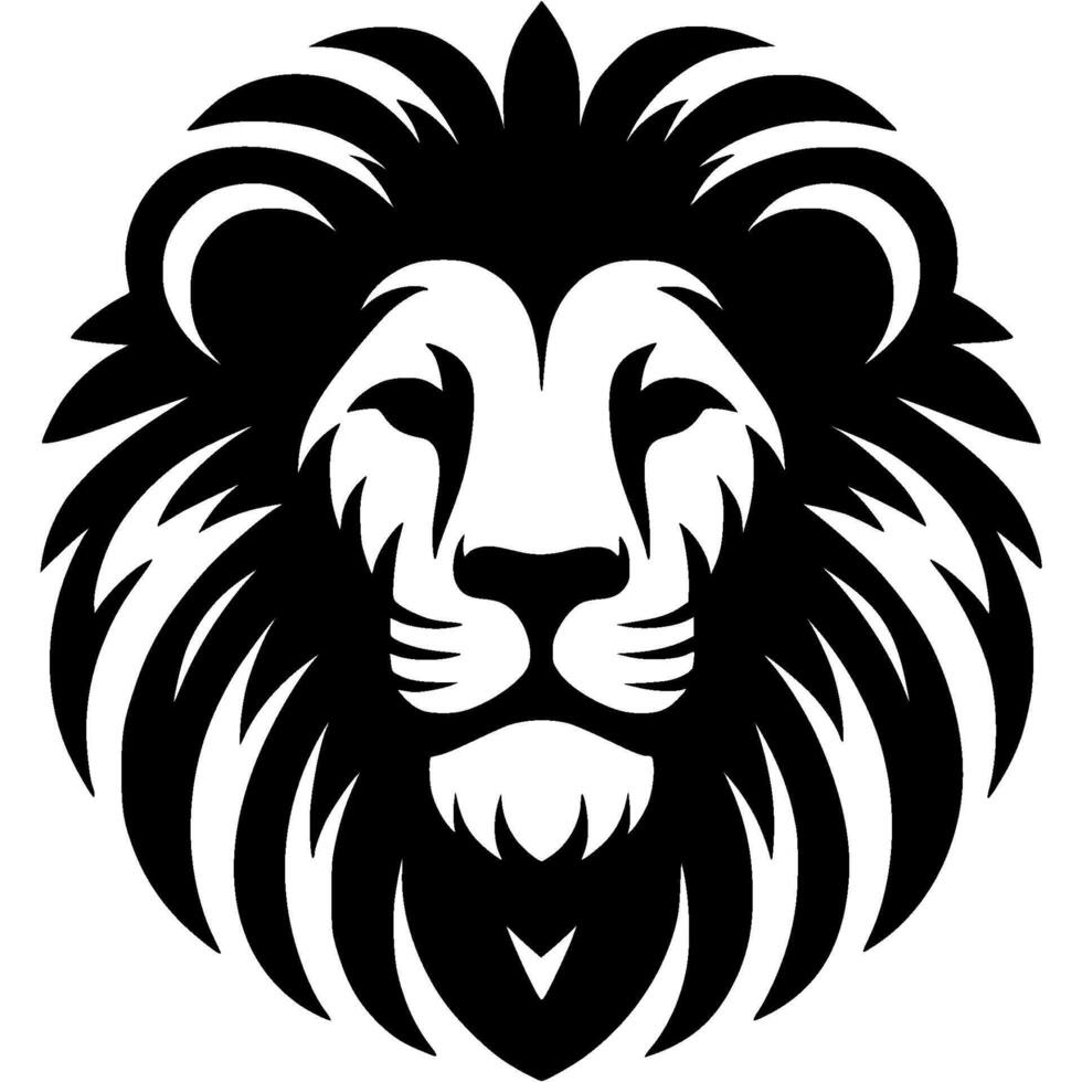 Tattoo of calm confident lion front view head in monochrome. Wild lion brand. Engraving minimalistic image in black ink drawing on white background vector