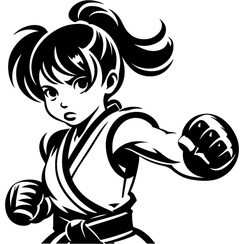 Tattoo emblem of young taekwondo girl in fighting stance in monochrome. Engraving minimalistic image in black ink drawing on white background vector