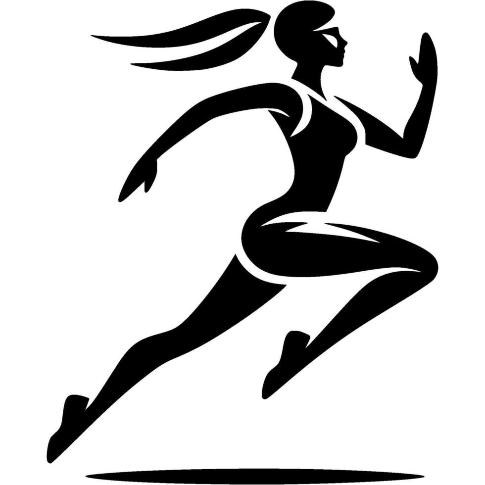Sport emblem of girl gymnast runs in running start to perform vault in monochrome. Engraving minimalistic image in black ink drawing on white background vector