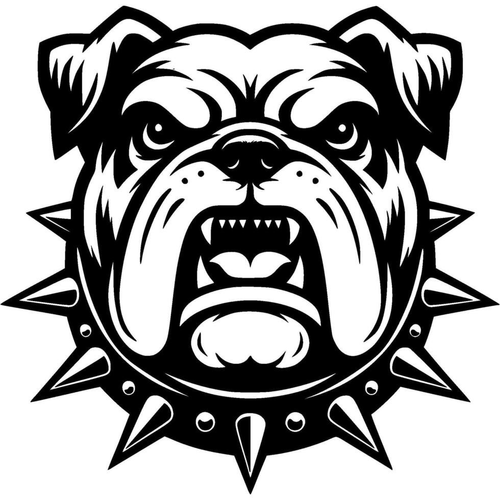 Tattoo of angry roaring Bulldog dog head in monochrome. Bulldog dog in spiked collar. Engraving minimalistic image in black ink drawing on white background vector