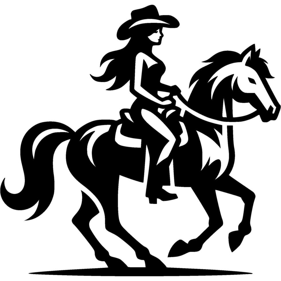 Tattoo emblem of cowgirl riding young stallion mustang horse in monochrome. Engraving minimalistic image in black ink drawing on white background vector