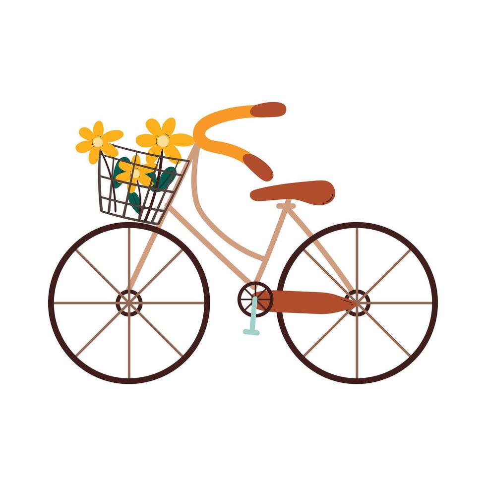 cartoon bicycle with flower basket on it. cute transport drawing for sticker, cute doodle vector