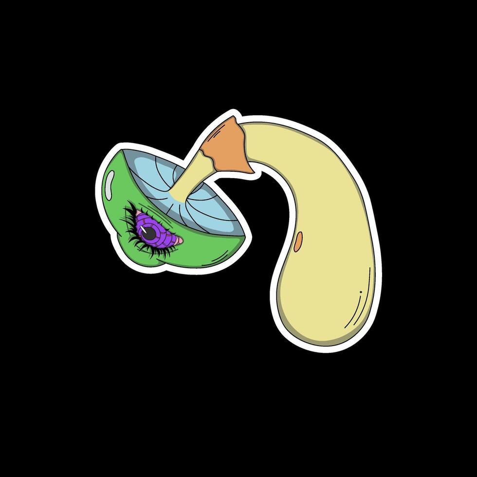 Psychedelic sticker, mushroom with a purple spiral eye, a surreal illustration in vivid neon colors with elements of dreamlike fantasy. vector