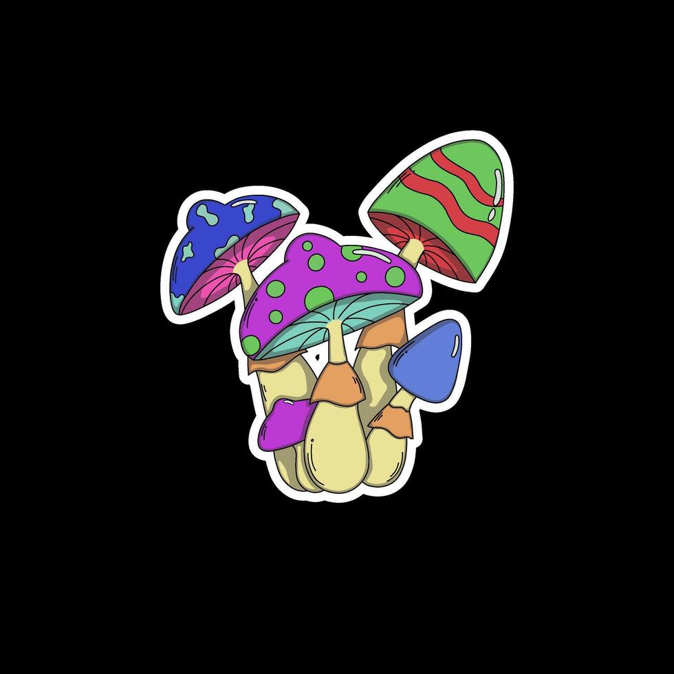 Psychedelic sticker, mushrooms, trippy design, vibrant colors, fantasy fungi, surreal art, boho aesthetic, magic mushrooms, rainbow palette, whimsical nature, abstract shapes vector