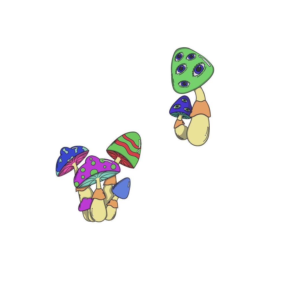 Psychedelic mushrooms, trippy design, vibrant colors, mushroom with eyes, fantasy fungi, surreal art, boho aesthetic, magic mushrooms, rainbow palette, whimsical nature, abstract shapes vector