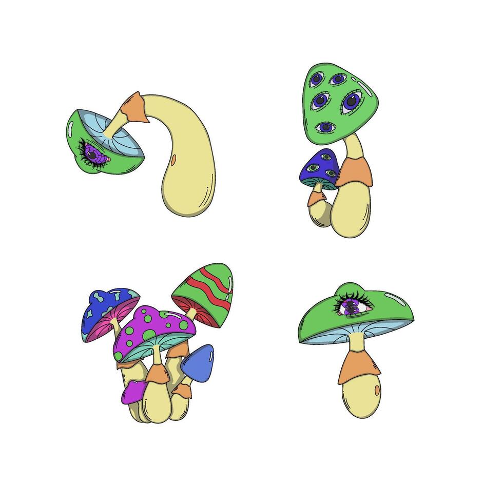 Psychedelic mushrooms, a surreal illustration in vivid neon colors with elements of dreamlike fantasy. vector