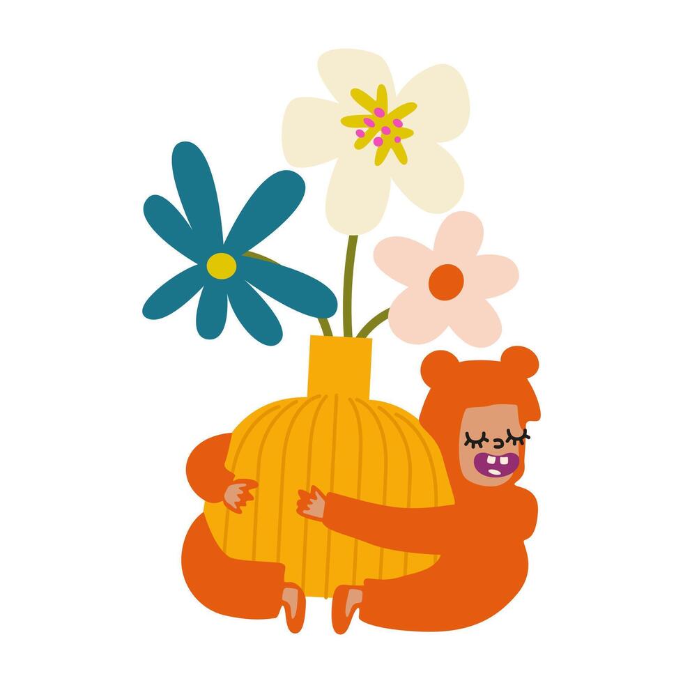 Cute cartoon girl child with abstract flowers in vases. illustration for greeting card vector