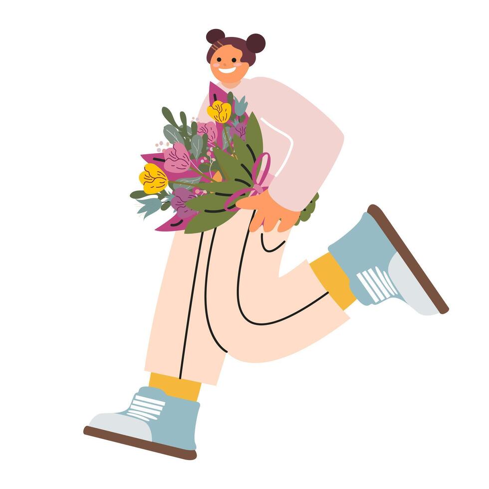 Cartoon girl character design with flowers for greeting card vector