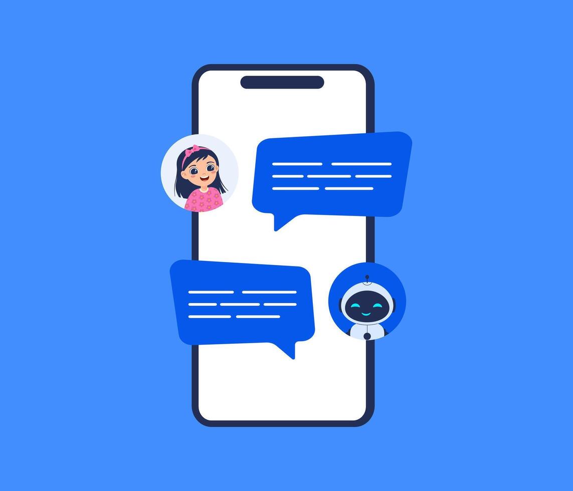 Messaging interface with AI robot in chat. illustration for chatbot and virtual assistant vector