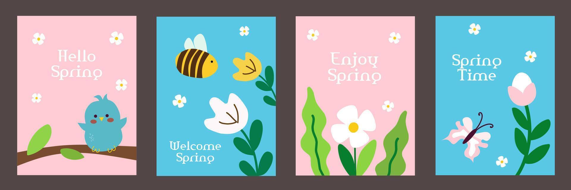 Set of Spring greeting cards. Hand-drawn flyers for decoration spring events, Mother's Day, Easter. Beautiful floral posters with bird, bee, butterfly and flowers. Concept of trendy spring cover. vector