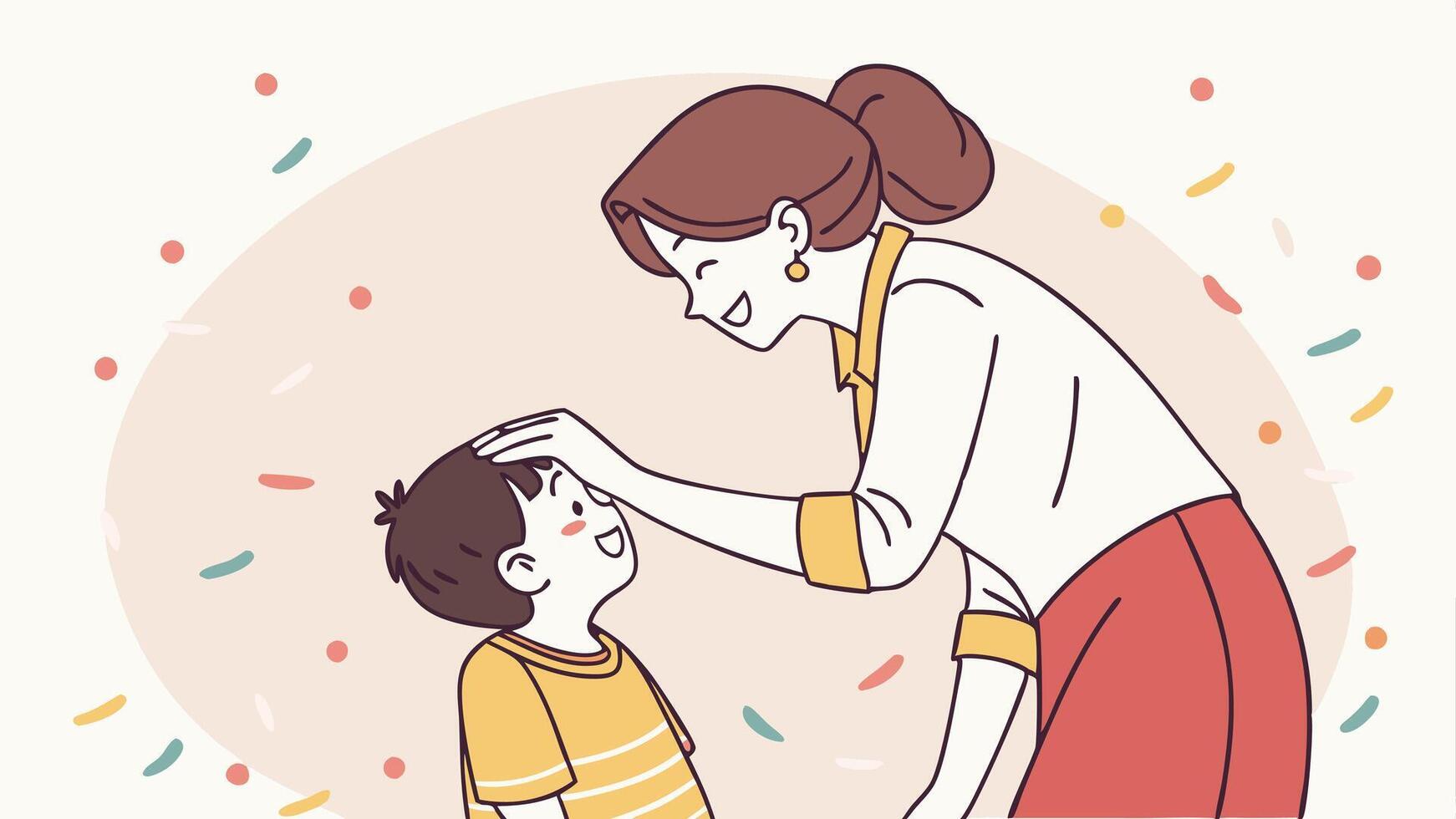 a woman is helping a child put on his hat vector