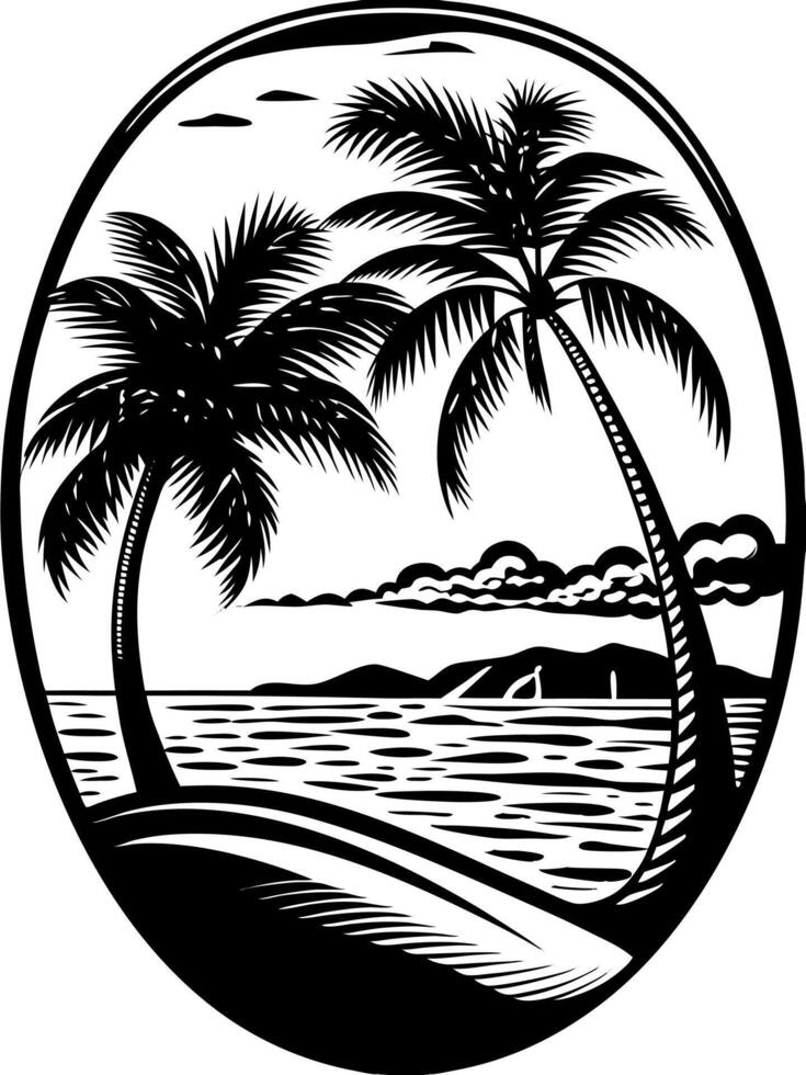 a black and white image of palm trees and the ocean vector