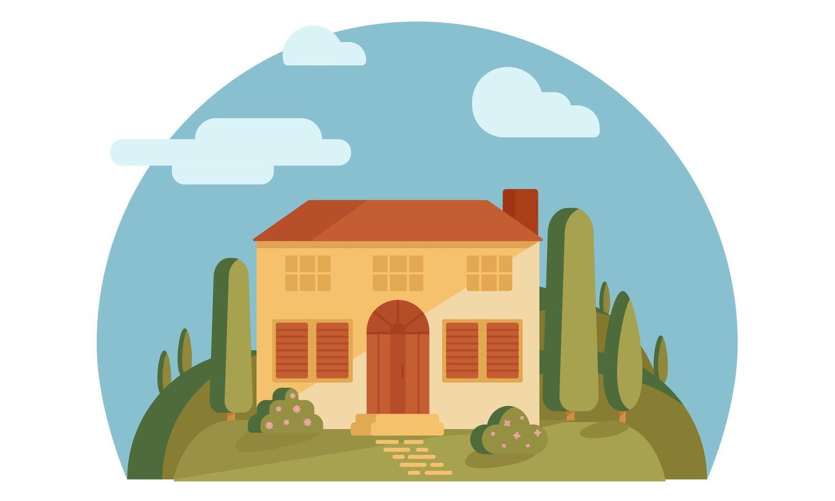 Tuskany farm sunny house on green hill with cypress trees and flowering bushes. Round simple composition for design in flat style. Toscana summer scene. vector